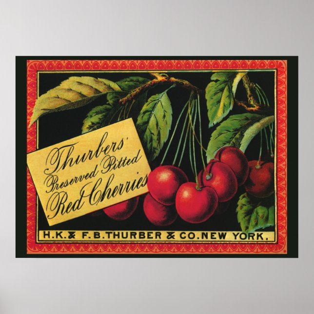 Vintages Fruchtkorb-Label Kunst, Baumkirschen Poster (Vorne)