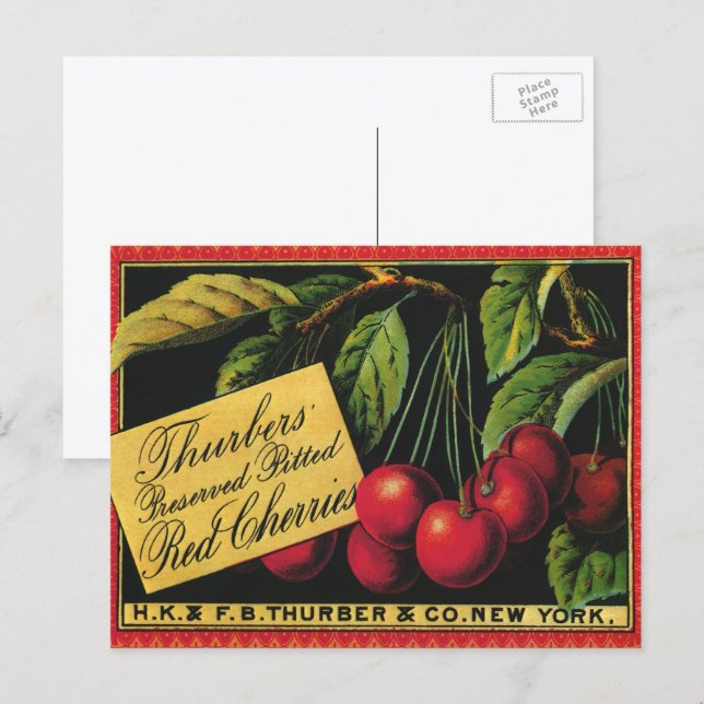Vintages Fruchtkorb-Label Kunst, Baumkirschen Postkarte (Vorne/Hinten)