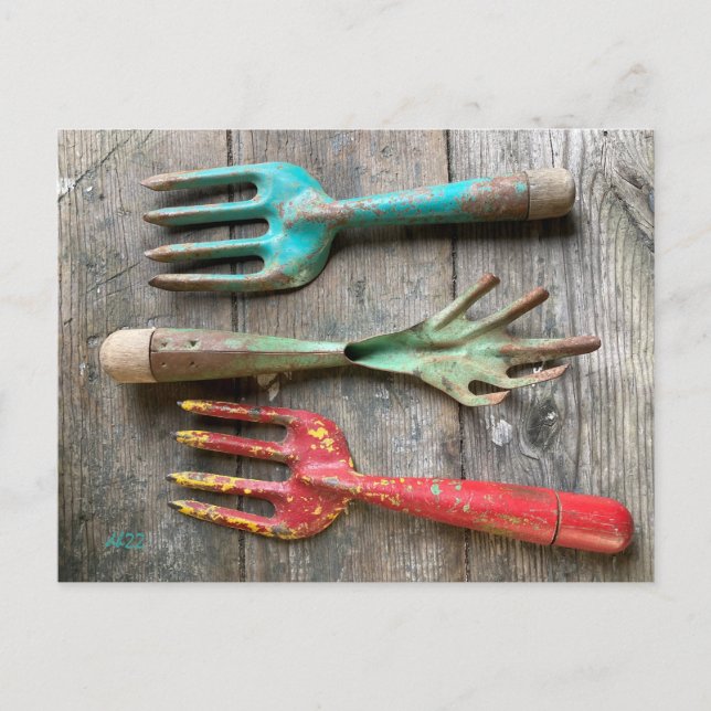 Vintages Gartenwerkzeug Postkarte von Diane Heller (Vorderseite)