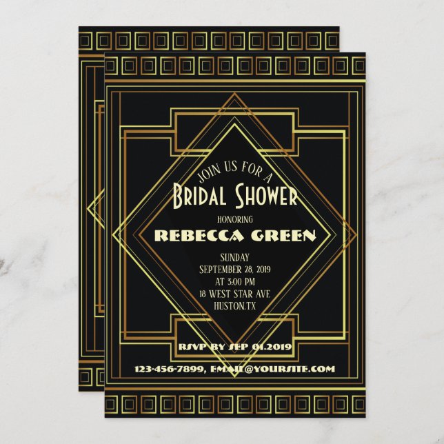 Vintages Gatsby-Brautparty für Schwarz und Gold Einladung (Vorne/Hinten)