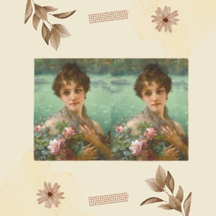 Vintages Gemälde einer Dame mit Blume, die entkopp Seidenpapier