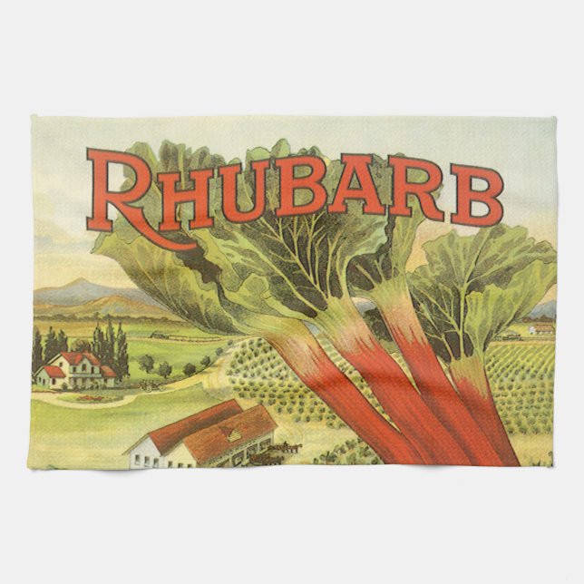 Vintages Gemüse kann Kunst, Rhubarb-Bauernhof Geschirrtuch (Horizontal)