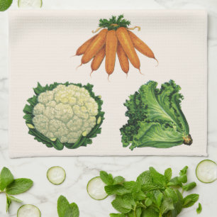 Vintages Gemüse; Karotten, Blumenkohl, Salat Geschirrtuch