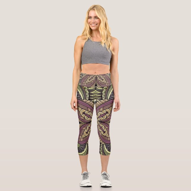 Vintages geometrisches Boho-Muster Capri Leggings (Vorderseite)