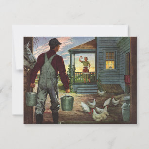 Vintages Geschäft, Bauernhof mit Bauer und Hühner