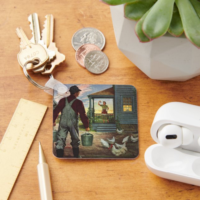 Vintages Geschäft, Bauernhof mit Bauer und Hühner Schlüsselanhänger (Schreibtisch)