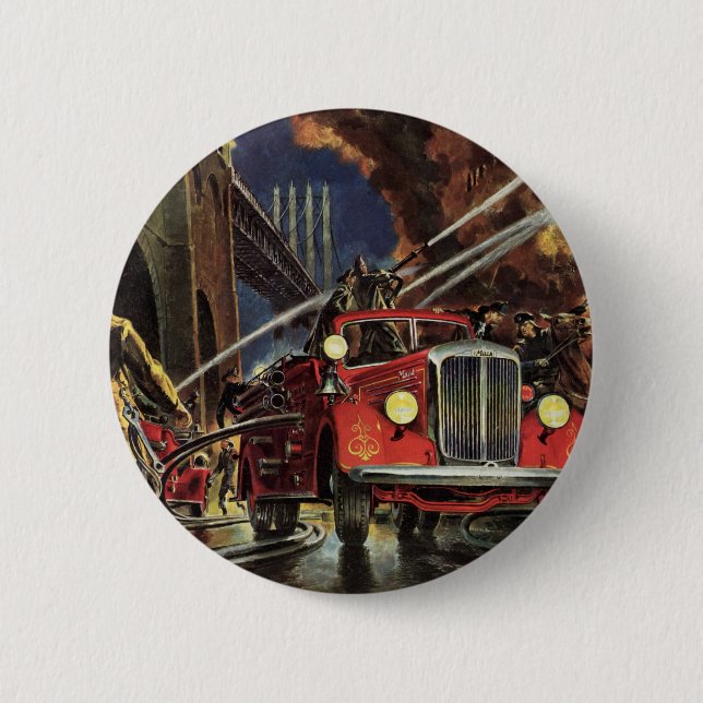 Vintages Geschäft, Feuerwehrfahrzeuge Feuerwehrmän Button (Vorderseite)