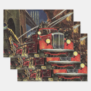 Vintages Geschäft, Feuerwehrmänner Feuerwehrfahrze Geschenkpapier Set