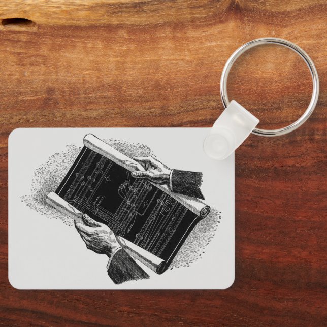 Vintages Geschäft, Hands und architektonische Blue Schlüsselanhänger (Vorderseite)