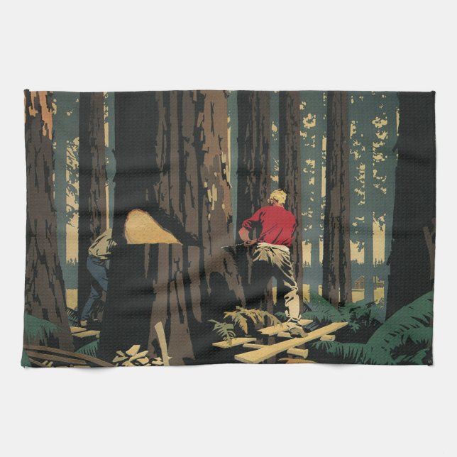 Vintages Geschäft, Holzindustrie, Redwood-Wald Geschirrtuch (Horizontal)