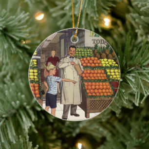 Vintages Geschäft, Obststand mit Grocer und Junge Keramik Ornament