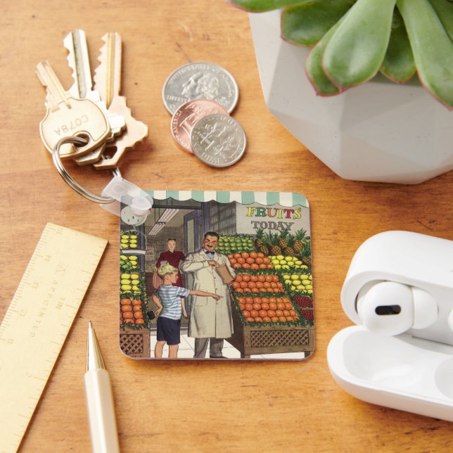 Vintages Geschäft, Obststand mit Grocer und Junge Schlüsselanhänger (Schreibtisch)