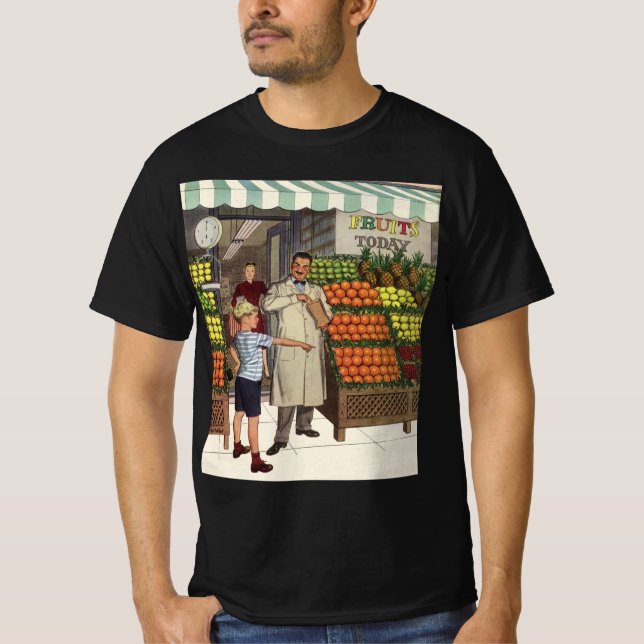 Vintages Geschäft, Obststand mit Grocer und Junge T-Shirt (Vorderseite)