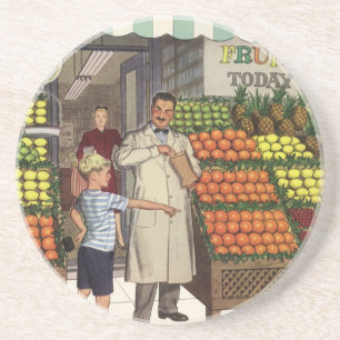 Vintages Geschäft, Obststand mit Grocer und Junge Untersetzer