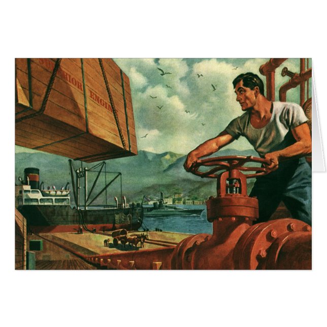 Vintages Geschäft, Öltankschiff mit Hafenarbeiter (Vorderseite (Horizontal))