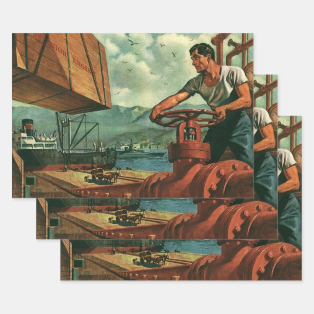 Vintages Geschäft, Öltankschiff mit Hafenarbeiter Geschenkpapier Set (Set)