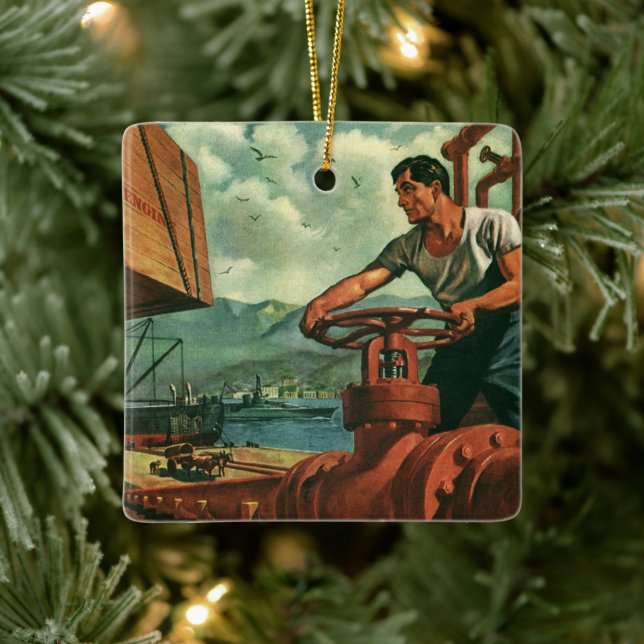 Vintages Geschäft, Öltankschiff mit Hafenarbeiter Keramikornament (Baum)