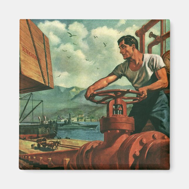 Vintages Geschäft, Öltankschiff mit Hafenarbeiter Magnet (Vorne)