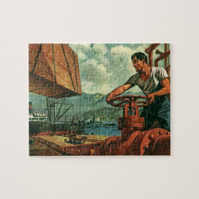Vintages Geschäft, Öltankschiff mit Hafenarbeiter Puzzle (Horizontal)