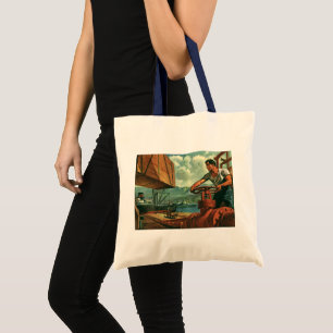 Vintages Geschäft, Öltankschiff mit Hafenarbeiter Tragetasche