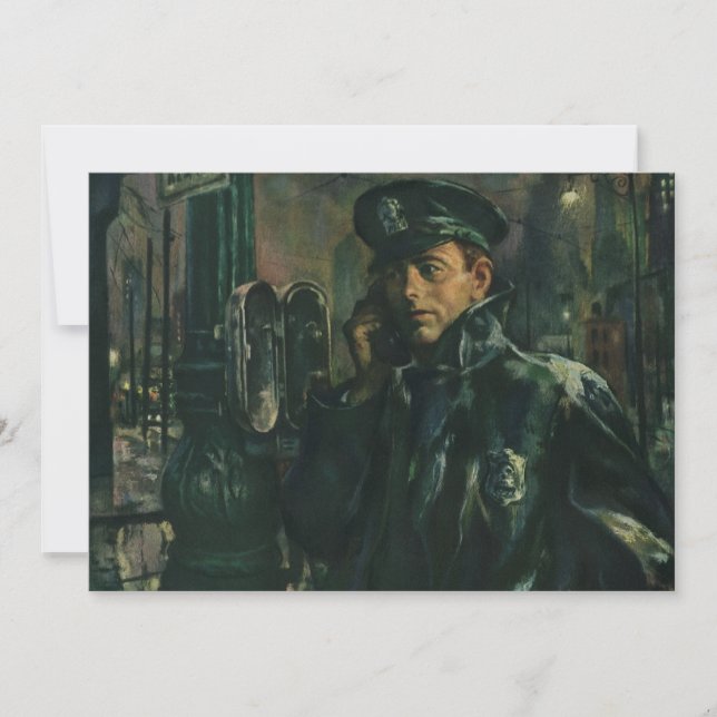 Vintages Geschäft, Polizist auf Notruftelefon Einladung (Vorderseite)