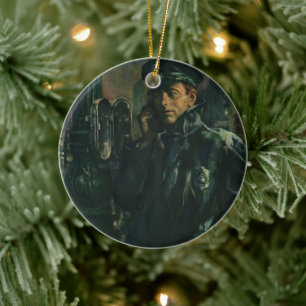 Vintages Geschäft, Polizist auf Notruftelefon Keramikornament