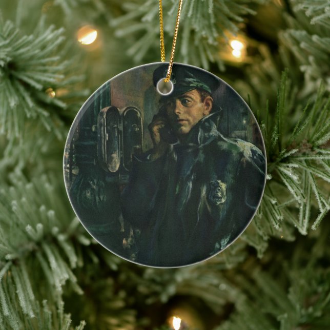 Vintages Geschäft, Polizist auf Notruftelefon Keramikornament (Baum)