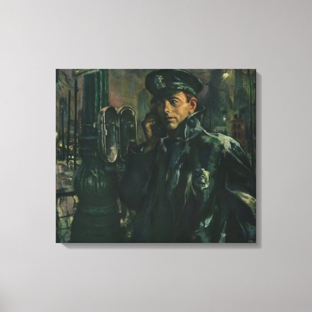 Vintages Geschäft, Polizist auf Notruftelefon Leinwanddruck (Vorderseite)