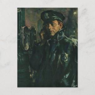 Vintages Geschäft, Polizist auf Notruftelefon Postkarte