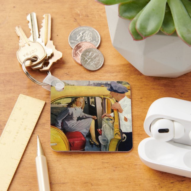 Vintages Geschäft, Taxifahrerin Frau Fluggast Schlüsselanhänger (Schreibtisch)