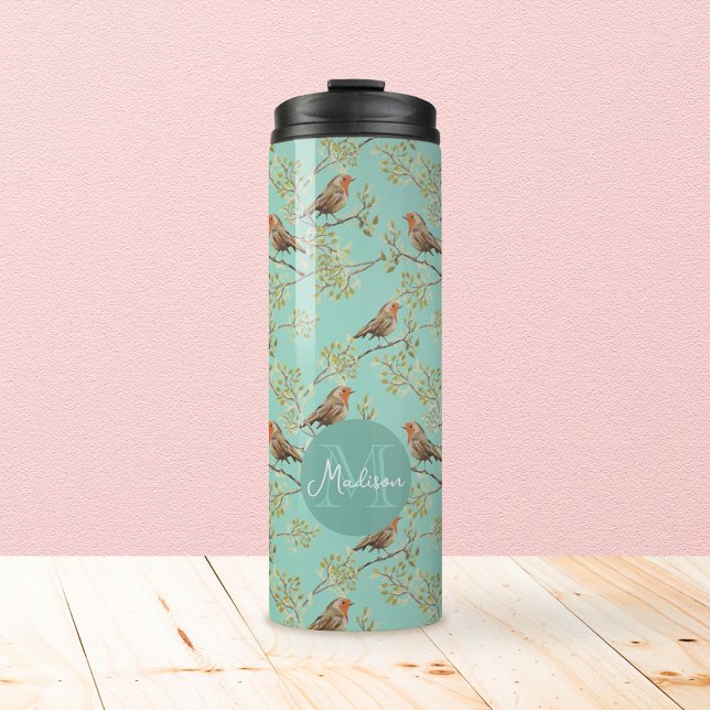 Vintages gezeichnetes europäisches Vogelmuster Thermosbecher (Vintage Red Robin Pattern & Custom Monogram Tumbler)