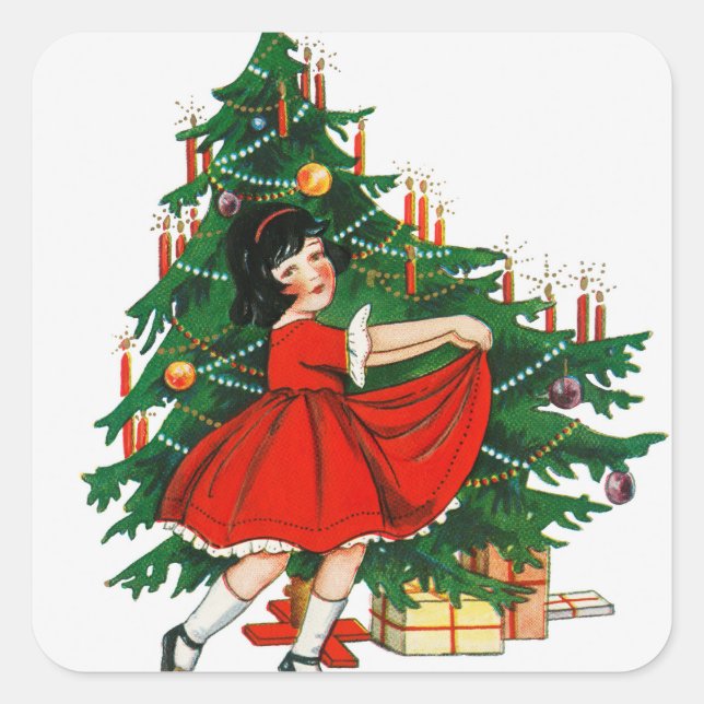 Vintages Girl Dancing Weihnachtsbaum Quadratischer Aufkleber (Vorderseite)