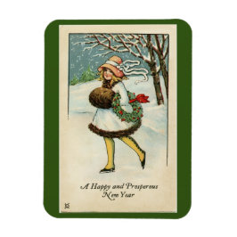Vintages Girl Happy New Year Flexibles Foto Magnet