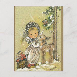 Vintages Girl Hugging Baby Deer Postkarte