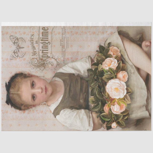 Vintages Girl mit Peach-Rose Dekoupage Seidenpapier (Vorderseite)