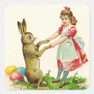 Vintages Girl-Tanz mit Bunny Ostereier Quadratischer Aufkleber