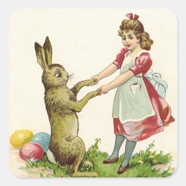Vintages Girl-Tanz mit Bunny Ostereier Quadratischer Aufkleber (Vorderseite)