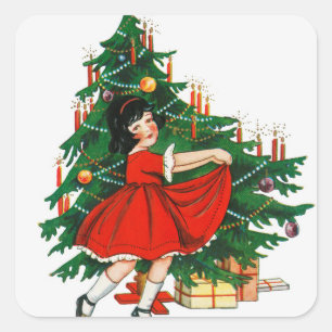 Vintages Girl-Tanz-Weihnachtsbaum Quadratischer Aufkleber
