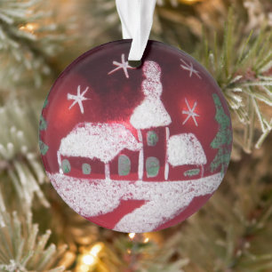 Vintages Glass Ball Rotes Weihnachtsschneehaus Ornament