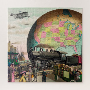 Vintages Globe Transport America Locomotive Artwor Puzzle