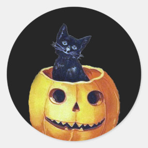 Vintages Glück Halloween Kitty in einem Kürbis Runder Aufkleber