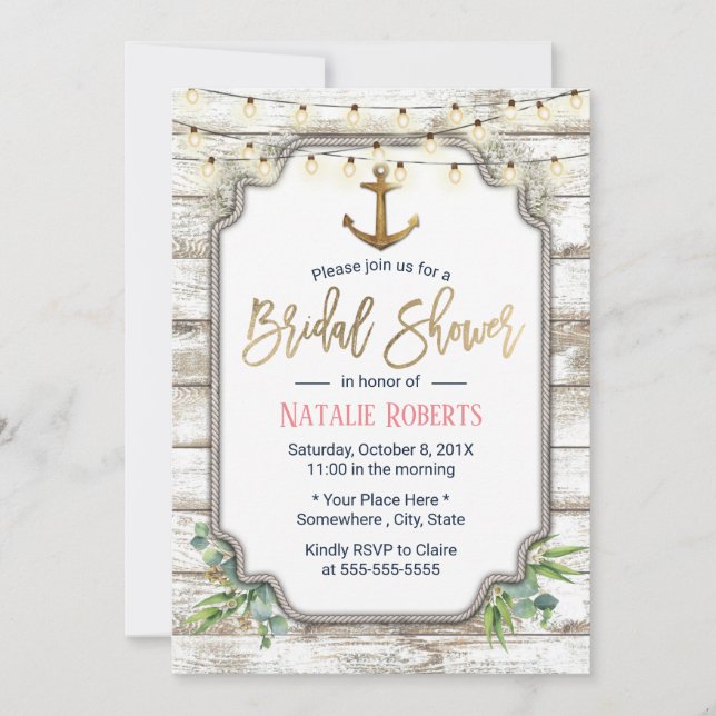 Vintages Gold Anker Rustikales Brautparty Einladung (Vorderseite)