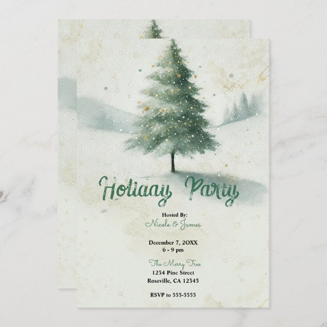 Vintages Gold Aquarell Weihnachten Pine Tree Party Einladung (Vorne/Hinten)