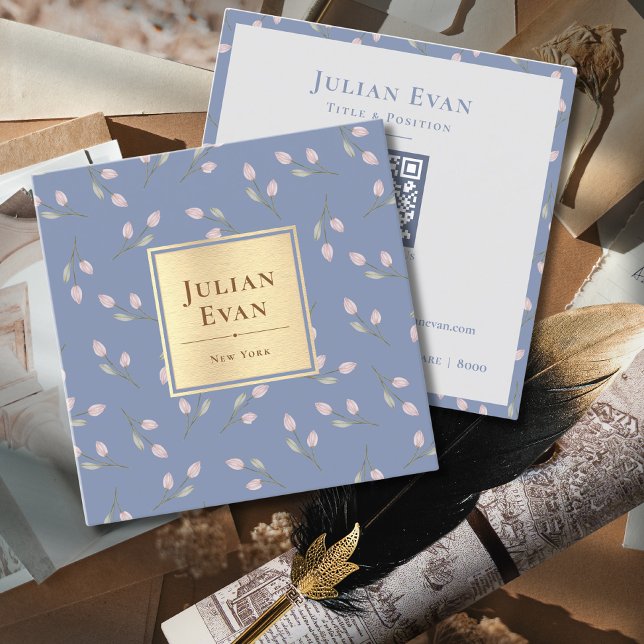 Vintages Gold Blue Blume Muster Quadratische Visitenkarte (Von Creator hochgeladen)