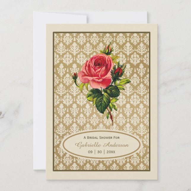 Vintages Gold Damask Rosa Brautparty Einladung (Vorderseite)