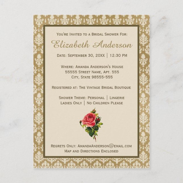 Vintages Gold Damask Rosa Brautparty Einladungspostkarte (Vorderseite)