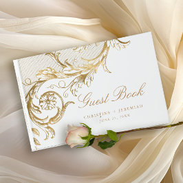 Vintages Gold Floral Damask Script White Wedding Gästebuch