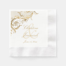Vintages Gold Floral Damask Script White Wedding