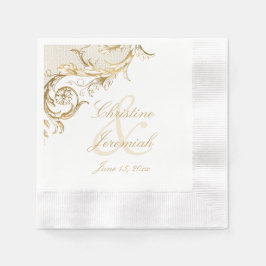 Vintages Gold Floral Damask Script White Wedding Serviette