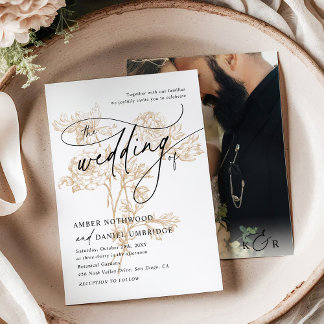 Vintages Gold Floral Modernes Script Foto Hochzeit Einladung
